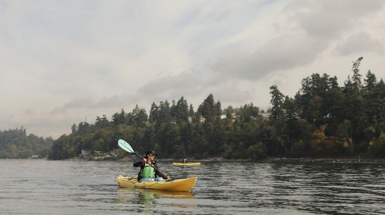 A person paddles a yellow kayak on calm water, with a tree‑covered shoreline and another kayak visible in the distance.