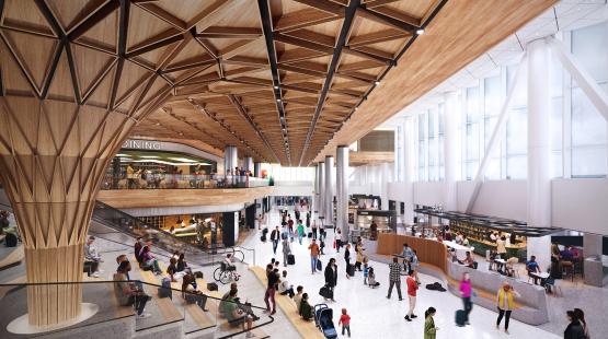 Rendering of the Concourse C expansion showing a spacious hall with wood‑patterned ceilings, seating areas, and travelers walking near dining and retail spaces.