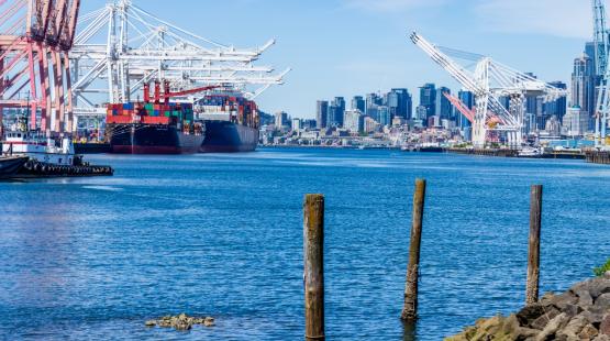 View of the Seattle Waterfront and container ships from the East Waterway