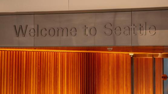 'Welcome to Seattle' sign in SEA Airport