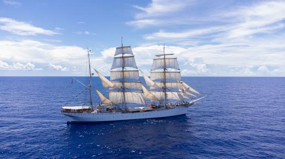 A large white sailing ship with multiple masts and cream-colored sails travels across a calm blue ocean under a bright sky with scattered clouds.