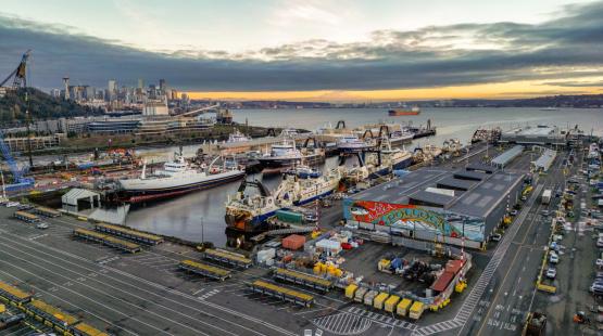 Terminal 91 full of trawlers preparing and provisioning to set sail to Alaska for the fishing season
