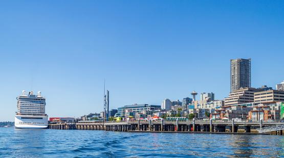 View from the water of Bell Harbor Marina, with a cruise ship docked at Pier 66, and the Space Needle in the background