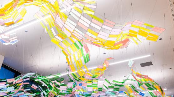 Suspended art piece “Rain Shadow” by Soo Sunny Park, hanging above the newly opened recompose area at the end of Checkpoint 6