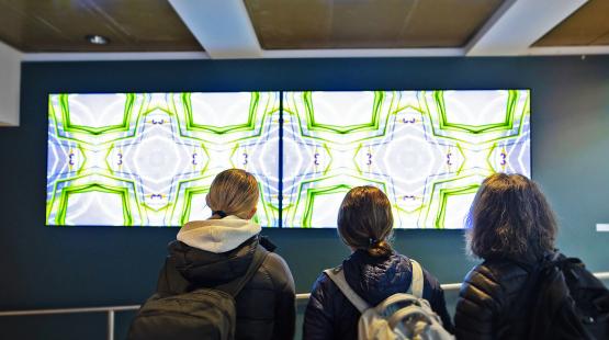 Three individuals with backpacks stand indoors facing two large, brightly lit digital screens displaying symmetrical green and white abstract patterns.