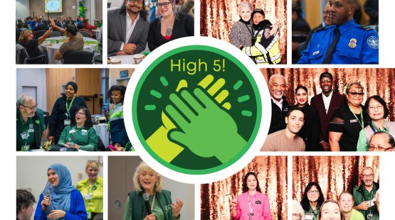 High 5! Logo surrounded by an array of photos of happy employees.