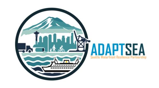 Logo for AdaptSea features design of mountain, city, water, people, and a boat.