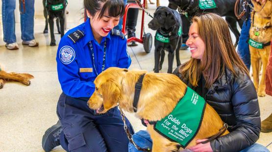 TSA employee with a guide dog and their handler 