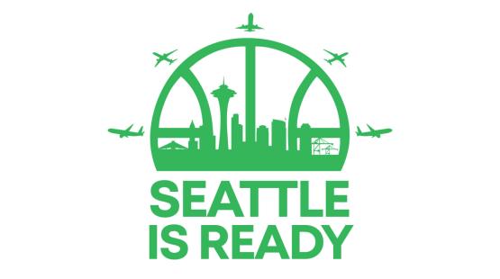 Graphic logo combining images of jets with the classic logo of the Seattle SuperSonics, with the words 'Seattle is ready'