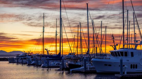 Sailboats and yachts docked at Shilshole Bay Marina at twilight, with a colorful sunset sky behind them.