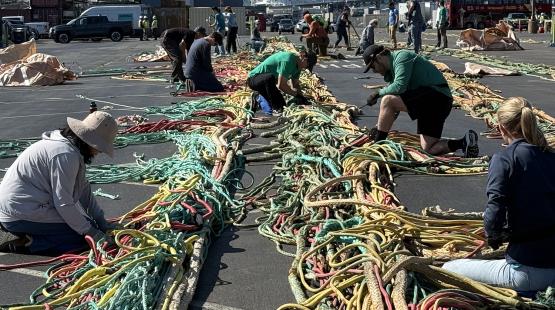 A group of people are kneeling on an outdoor asphalt lot, sorting and organizing long bundles of multicolored ropes laid out in parallel rows. Equipment, vehicles, and storage containers are visible in the background.