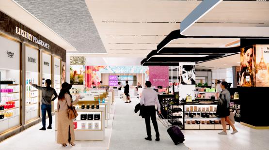 Architectural rendering of duty-free shops with products on shelves and in glass cases
