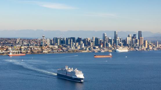 Aerial photo of the Seattle waterfront with a cruise ship leaving the city and another at port