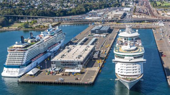 Two cruise ships docked at Smith Cove Cruise Terminal